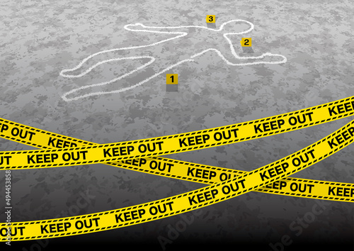 KEEP OUTのテープとチョークで描かれた人型　事件現場