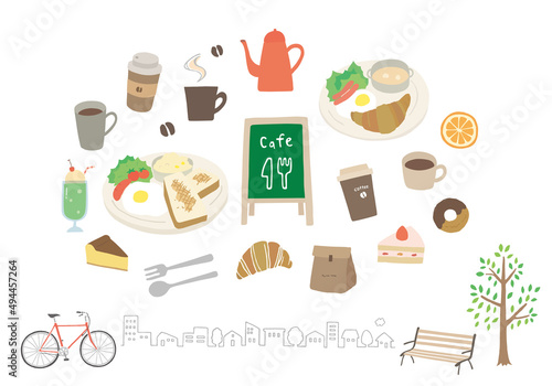 カフェにまつわる手描きイラストセット