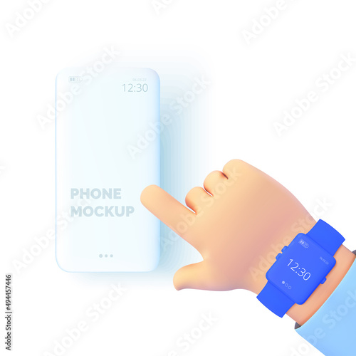 Cartoon hand holding a phone. Smartphone mockup. The finger taps on the phone. Vector isolated illustration 3d style