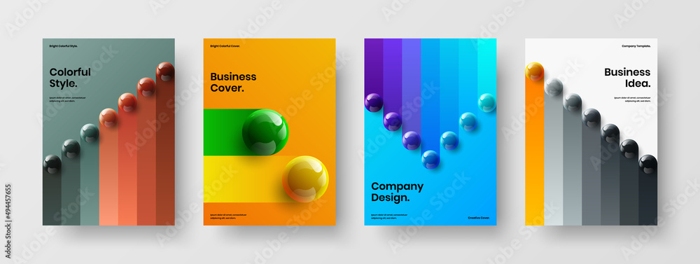 Trendy 3D spheres company identity layout composition. Vivid annual report A4 design vector template set.