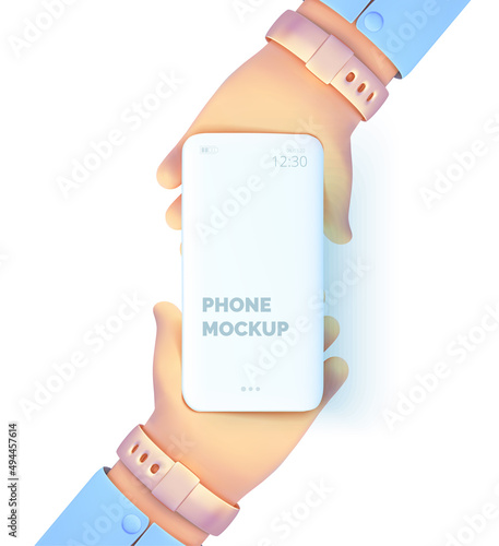 Cartoon hand holding a phone. Smartphone mockup. The finger taps on the phone. Vector isolated illustration 3d style