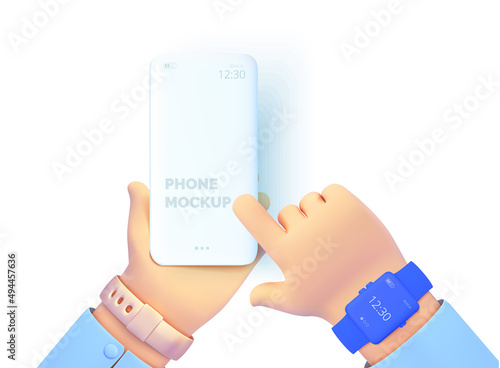 Cartoon hand holding a phone. Smartphone mockup. The finger taps on the phone. Vector isolated illustration 3d style
