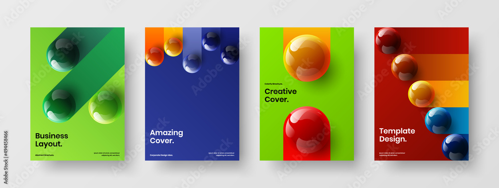 Colorful placard A4 vector design layout composition. Premium 3D balls front page template bundle.