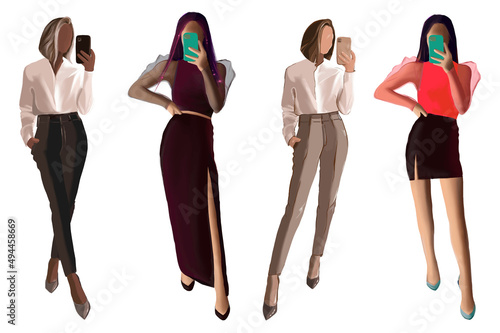 group of women beauty bloggers, mass media representatives, mass media, filming a vlog, taking a selfie on the phone, creator creating content, vector