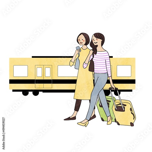 旅行する女性たちと電車
