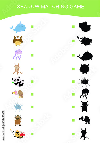 Animals matching shadow game for Preschool Children. Educational printable worksheet. Matching the images with the shadow worksheet. Motoric movements.