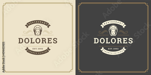Restaurant logo design vector illustration chef woman face in hat silhouette