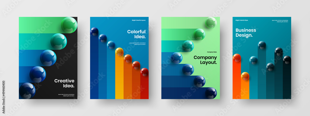 Unique leaflet vector design layout set. Minimalistic 3D balls brochure illustration composition.