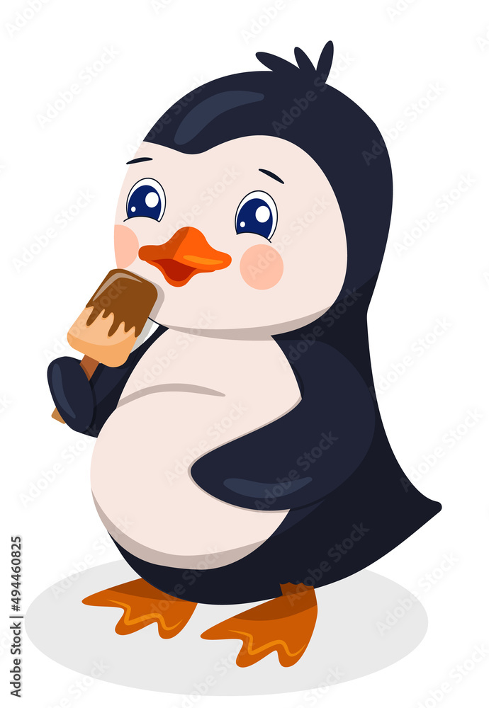 Obraz premium Cartoon baby penguin eats word ice cream in chocolate icing. Vector illustration
