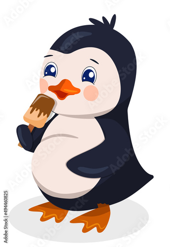 Cartoon baby penguin eats word ice cream in chocolate icing. Vector illustration