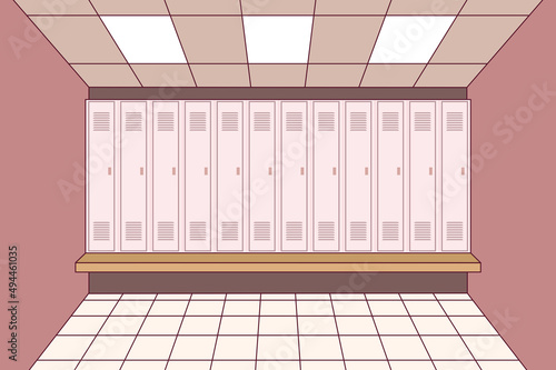 Multi colored vector illustration of a locker room interior in redish style