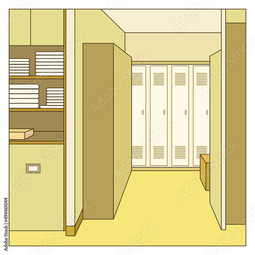 Multi colored vector illustration of a locker room interior in yellow green style