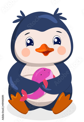 A cute cartoon baby penguin hugs a pink whale s favorite toy.