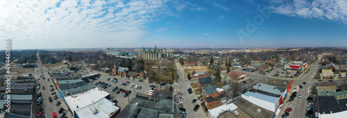 Aerial panorama of Blenheim, Ontario, Canada on clear day