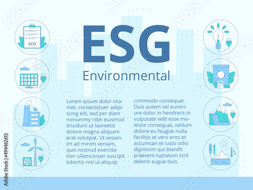 ESG environmental business concept. Template for presentation. Banner. Header with text in the center, icons to the left and right of it. Renewable energy. Modern vector illustration. 