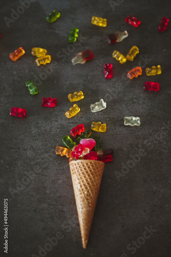 Waffle cone filled with colored jellies