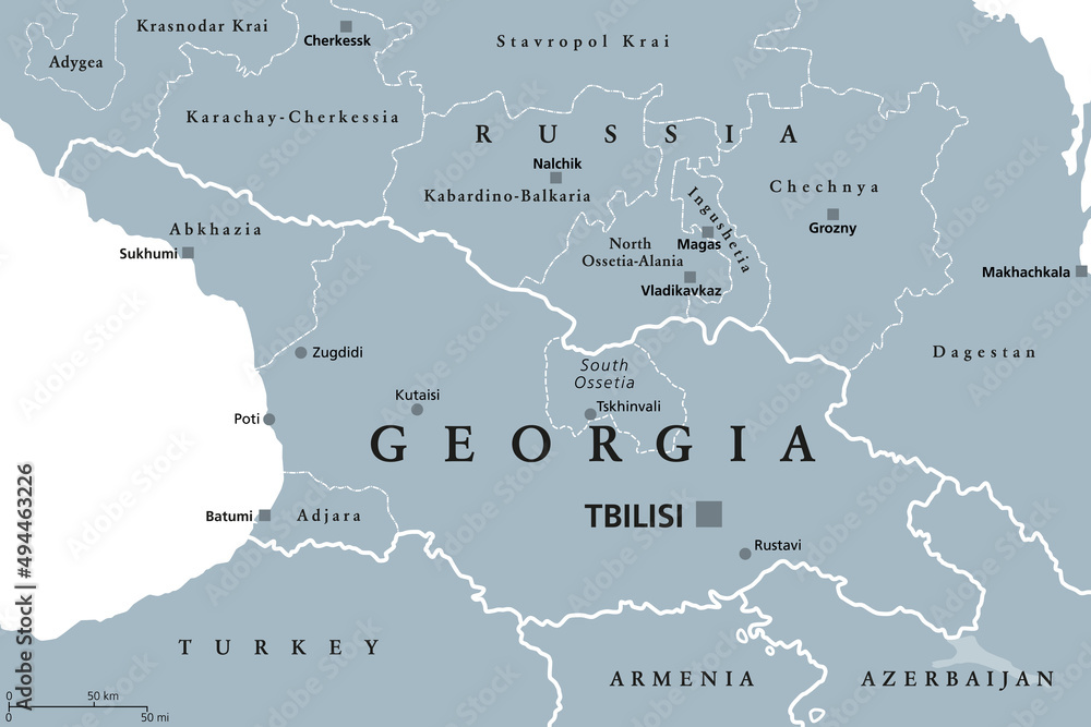 Georgia, gray political map, with capital Tbilisi, and international borders. Republic and transcontinental country in Eurasia, located south of North Caucasus Federal District of Russia. Illustration - obrazy, fototapety, plakaty 