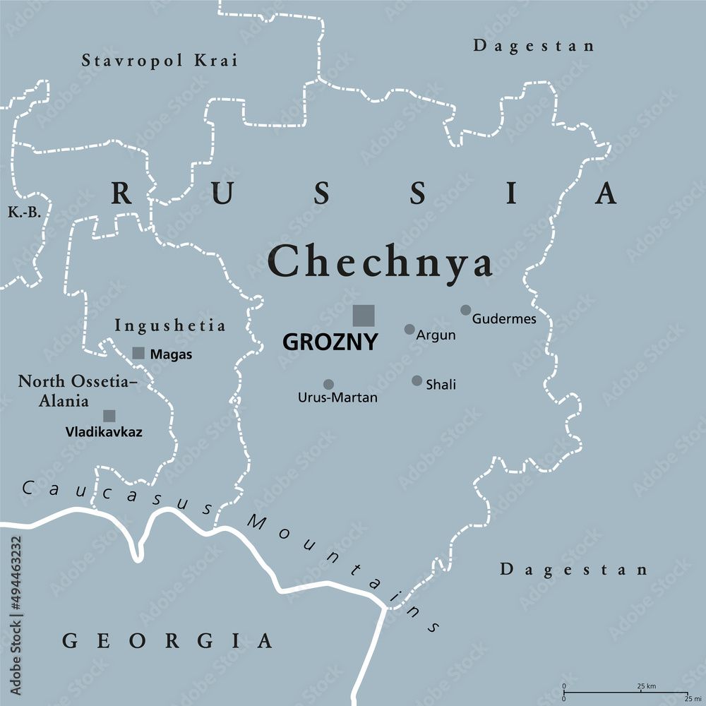 Plakat Chechnya, gray political map with capital Grozny and borders. Chechen Republic, a republic of Russia, and part of the North Caucasus Federal District, situated in the North Caucasus of Eastern Europe.