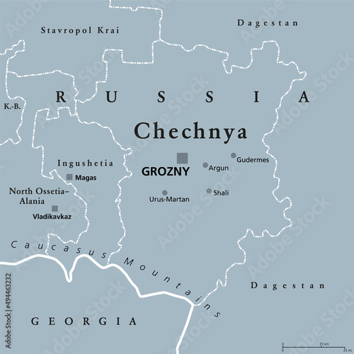 Chechnya, gray political map with capital Grozny and borders. Chechen Republic, a republic of Russia, and part of the North Caucasus Federal District, situated in the North Caucasus of Eastern Europe.