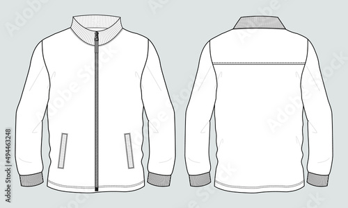 Long sleeve zipper with pocket jacket sweatshirt overall technical fashion flat sketch vector illustration template front and back view. Apparel Jacket Flat drawing vector mock up CAD.