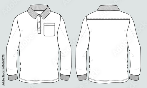 Long sleeve Polo shirt with pocket technical fashion flat sketch vector illustration template front and back views. Apparel Polo T shirt Mock up Cad Easy edit and customizable. 