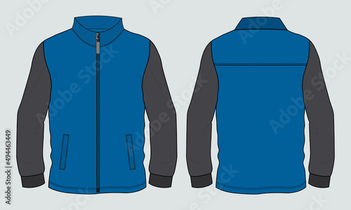Two tone Blue  and black Color Long sleeve zipper with pocket jacket sweatshirt overall technical fashion flat sketch vector illustration template. Apparel Jacket Flat drawing vector mock up CAD.

