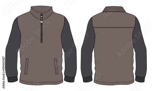 Two tone black and Khaki color Long sleeve zipper with pocket jacket sweatshirt overall technical fashion flat sketch vector illustration template. Apparel Jacket Flat drawing vector mock up CAD.

