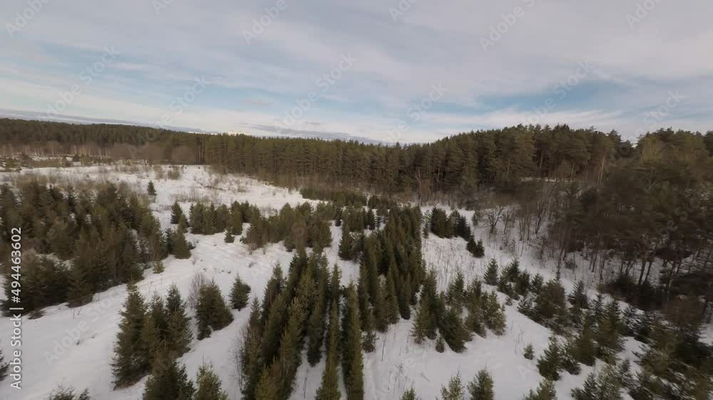 Flying over a winter forest in winter on a sunny day. FPV flight. Aerial photography, shooting from a quadrocopter. Flying over a winter forest in winter on a sunny day. FPV flight. Aerial photography, shooting from a quadrocopter.