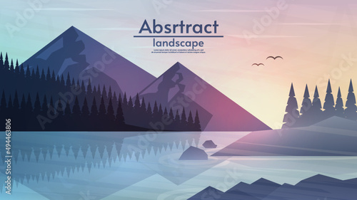 Abstract evening or morning landscape. Vector illustration, flat style. Mountains with river and hills with forest and rocks. Beautiful sky with birds. Design for wallpaper, banner, touristic card.