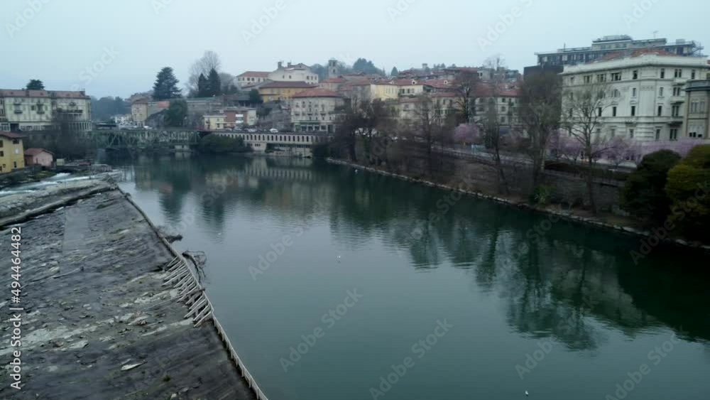 Aerial panoramic city of Ivrea. Aerial view. River Dora. Video 4K Aerial panoramic city of Ivrea. Aerial view. River Dora. Video 4K