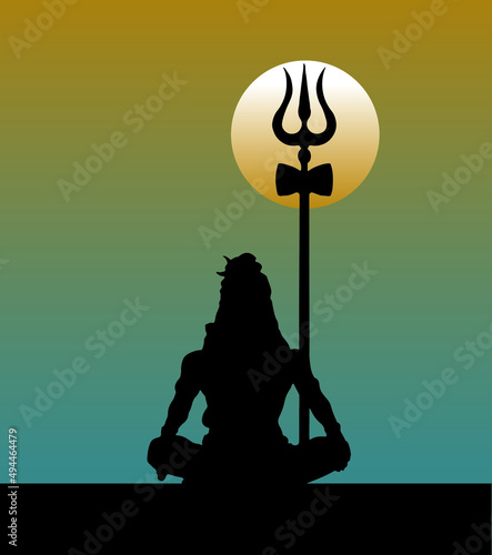 Illustration of the silhouette of the Indian god Shiva on the sunset-colored background