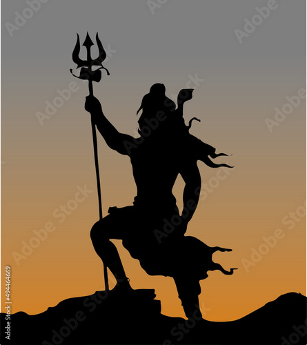 Illustration of the silhouette of the Indian god Shiva on the orange background
