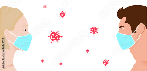Illustration of man and woman from the side wearing medical mask with illustrated germ and viruses in the middle