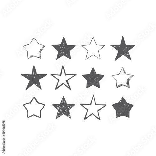 Hand drawn star icons. Set of doodle stars.