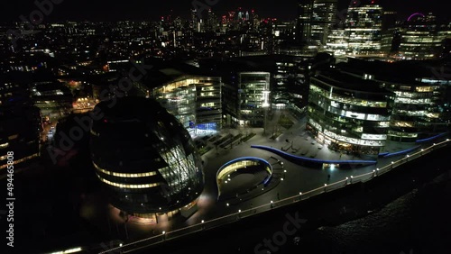 London City Hall and the Queens walk on southbank at night UK drone aerial view photo