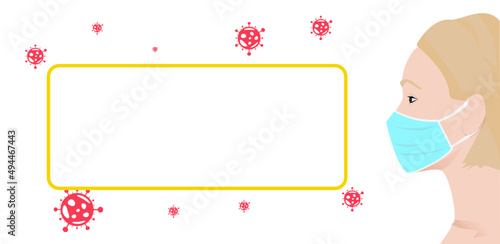 Illustration of a woman wearing mask from the side with copy space and illustrated germs or viruses