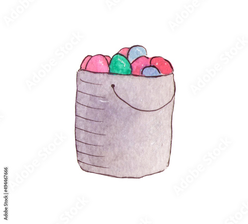 Watercolor illustration of a cute bascet with colorful Easter eggs separeted on the white background photo