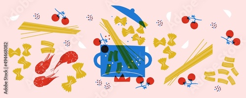 Schilderij op canvas Italian pasta in saucepan funny cartoon illustration