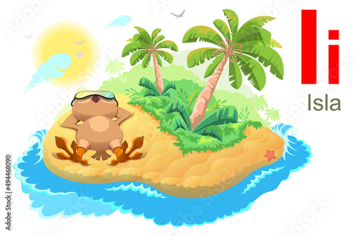 Spanish alphabet letter I island. Owl lie down and sunbathe beach tropical island