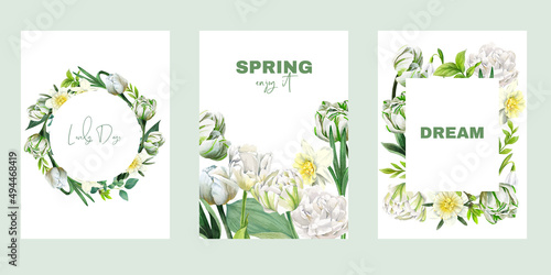 Set of three premade cards with tulips and daffodils