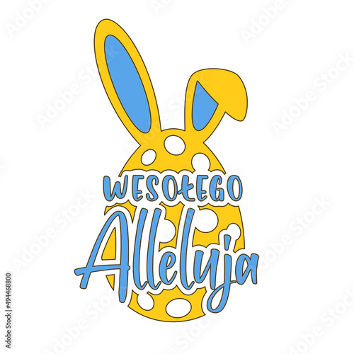 Wielkanoc. Wesołego Alleluja napis z jajkiem i uszami zająca. Wektor na białym tle.