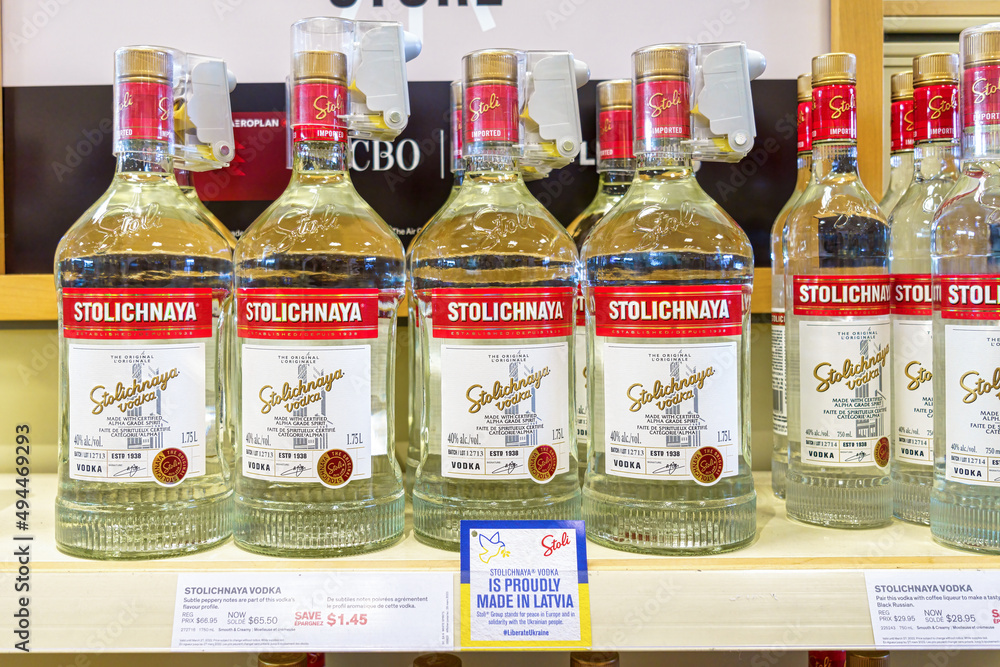 Bottles of Stolichnaya vodka on an LCBO store in Toronto, Canada. They ...
