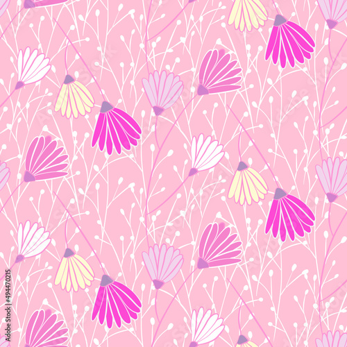 Vector seamless half-drop pattern, with leaves and flowers