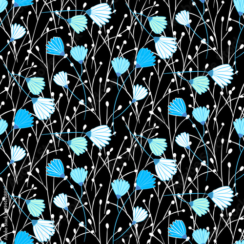 Vector seamless half-drop pattern, with leaves and flowers