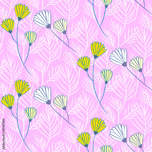 Vector seamless half-drop pattern, with leaves and flowers © eLifeS
