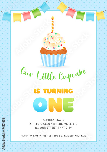 Birthday invitation card template for children party. Our Little Cupcake is turning one. Cute illustration of a cupcake decorated with burning candle and bunting flags on a blue dotted background.