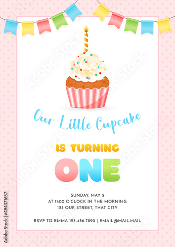 Birthday invitation card template for children party. Our Little Cupcake is turning one. Cute illustration of a cupcake decorated with burning candle and bunting flags on a pink dotted background. 