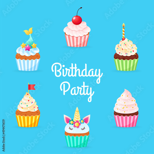 Birthday Party invitation template with cartoon cupcakes. Illustration of 6 sweet muffins decorated with cream and sprinkles on a blue background. Vector 10 EPS.