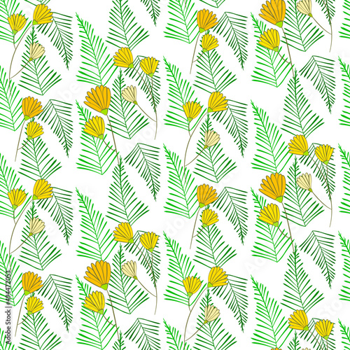 Vector seamless half-drop pattern, with leaves and flowers