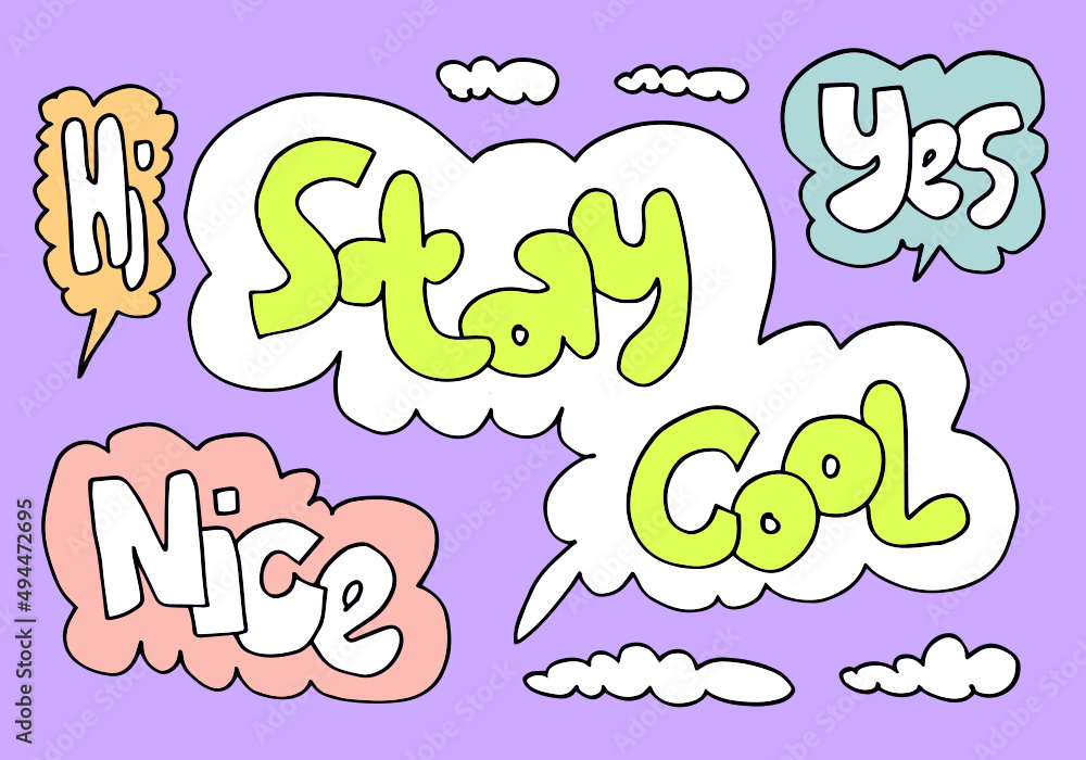 Hand drawn arrows, borders set with handwritten text: hi, yes, nice and stay cool. Vector icon. Hand drawn arrows, borders set with handwritten text: hi, yes, nice and stay cool. Vector icon.